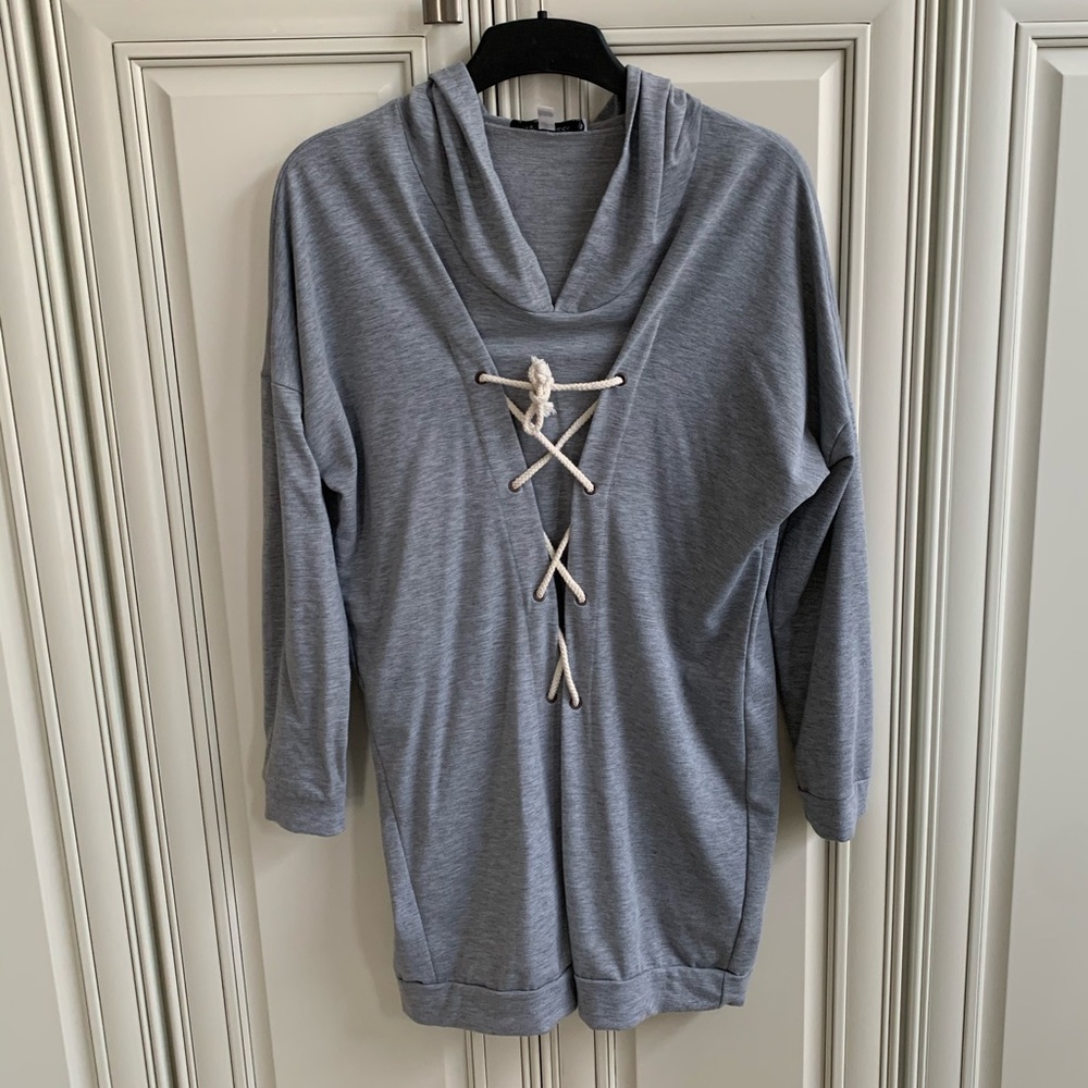 Grey tie up long hoodie